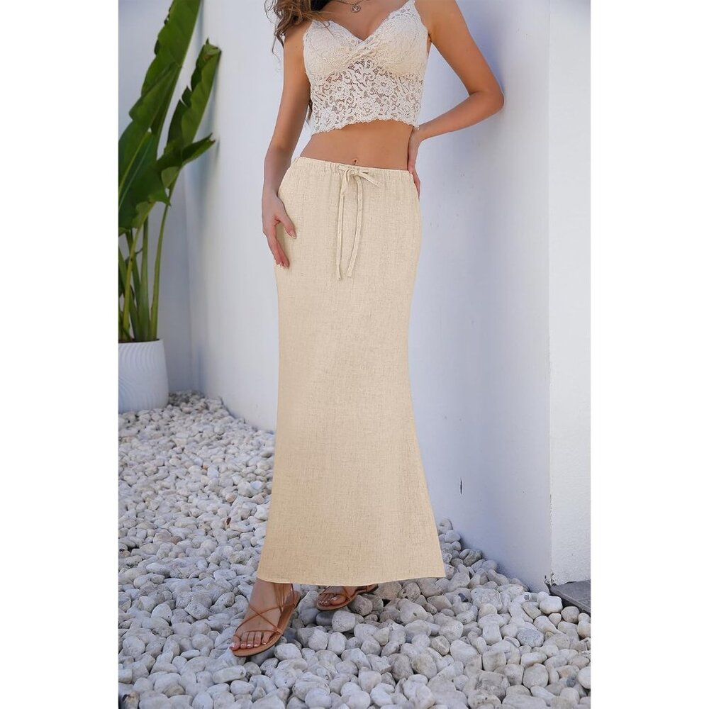 Women's Beige Linen Back Slit Elastic Drawstring Flowy Ankle-Length Maxi Skirt - Picture 3 of 6
